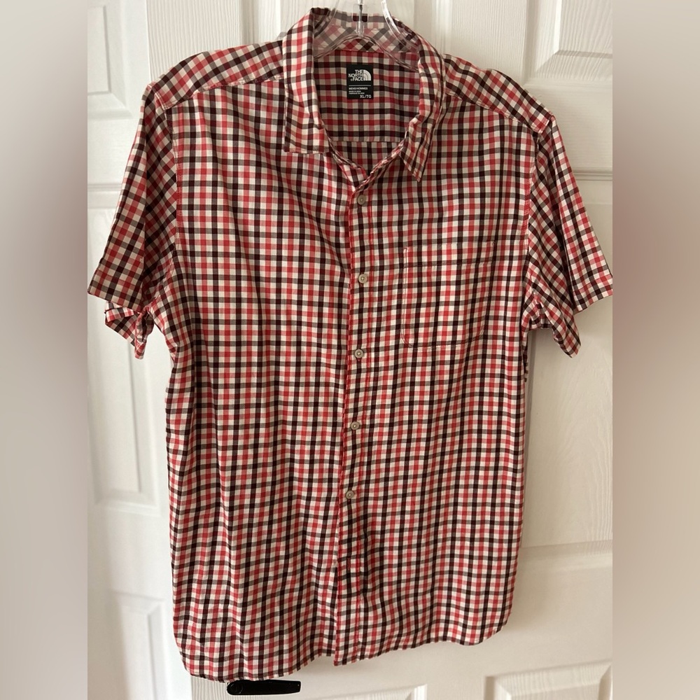 The North Face Men’s Red and White Short-Sleeve Plaid Button-Down Shirt